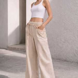 Women’s High-Waisted White Wide-Leg Trousers in Beige