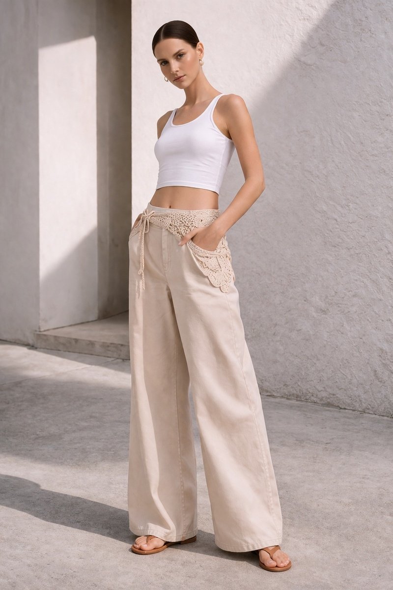 Women’s High-Waisted White Wide-Leg Trousers in Beige