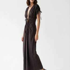 Ruched Tie-Front Maxi Dress – Espresso Brown