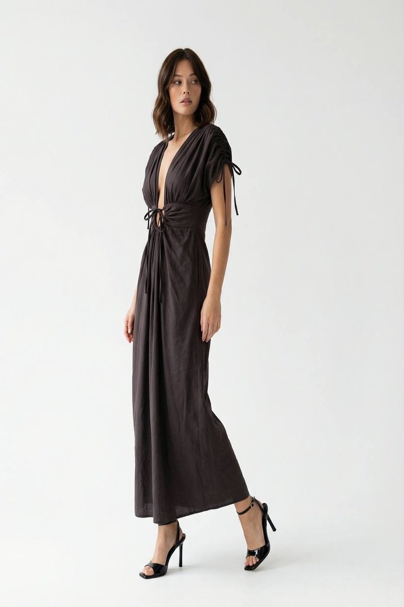 Ruched Tie-Front Maxi Dress – Espresso Brown