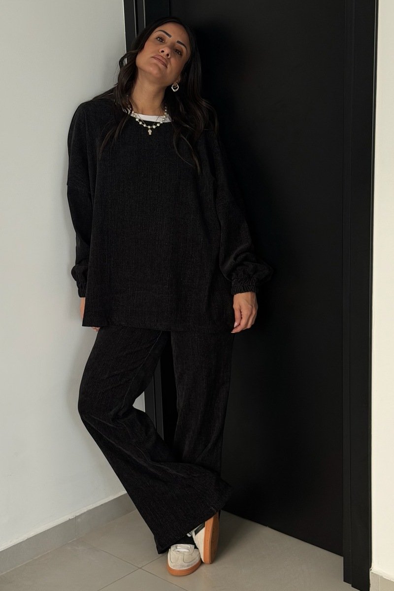 Black Textured Relaxed Two-Piece Set