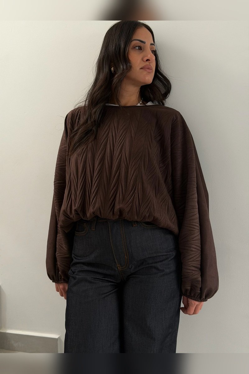 Chocolate Brown Textured Balloon Sleeve Top