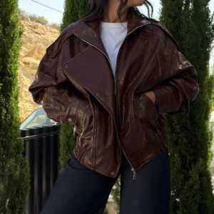 Chocolate Brown Croc-Effect Faux Leather Jacket