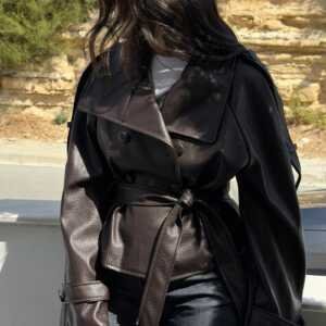 Βrown Belted Faux Leather Jacket