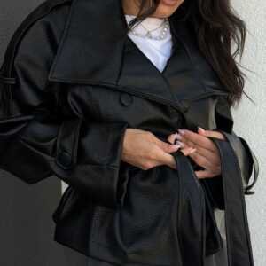Βlack Belted Faux Leather Jacket